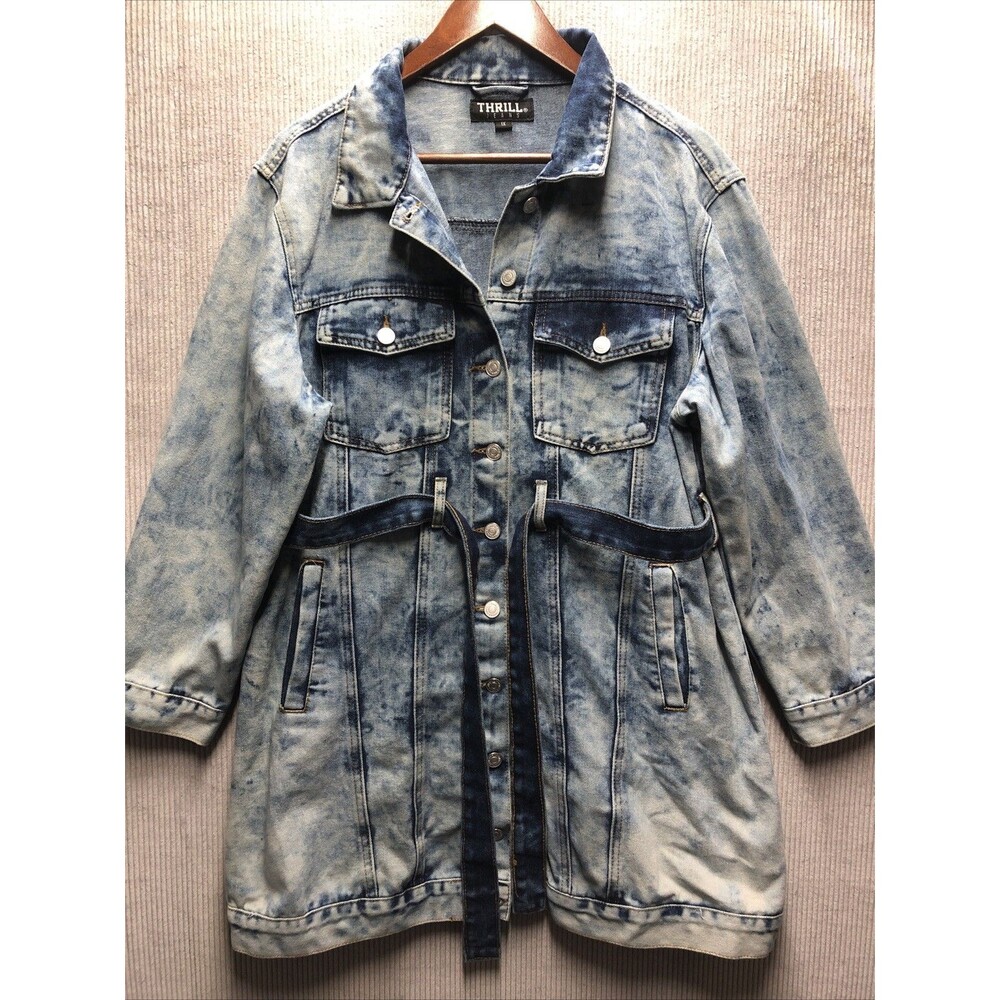 Thrill Denim Jacket Dress Womens 1X Acid Wash Belted Button Down Grunge Moto Y2K